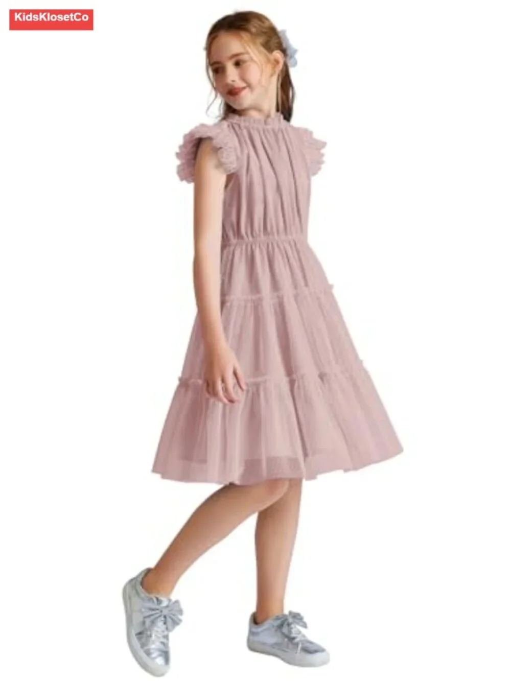 Girls Tulle Dress Three Layers Ruffle Sleeve Tiered Skirt Party Casual